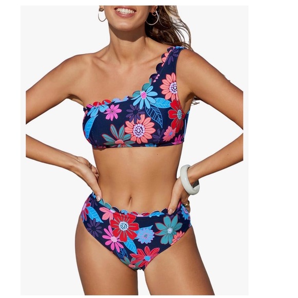 Cupshe Other - Cupshe Dark Floral One Shoulder Scalloped Bikini Set Navy Blue Size Small Beach